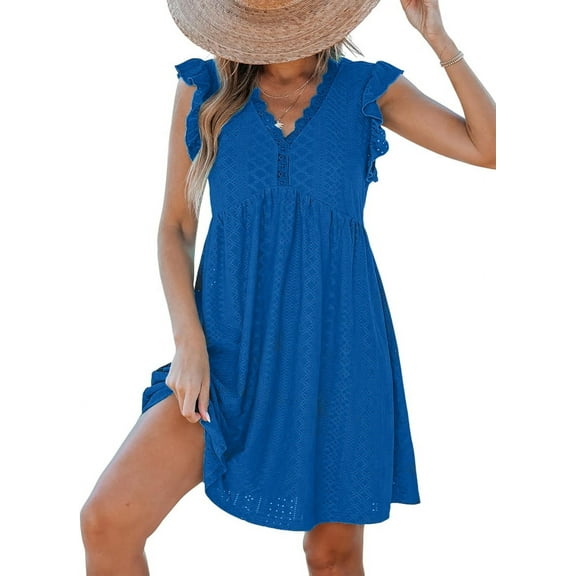 Womens Summer Dress Ruffle Sleeve V Neck Midi Dresses Fashion Casual Fit Flowy Tiered Boho Beach Vacation Sundress Blue M