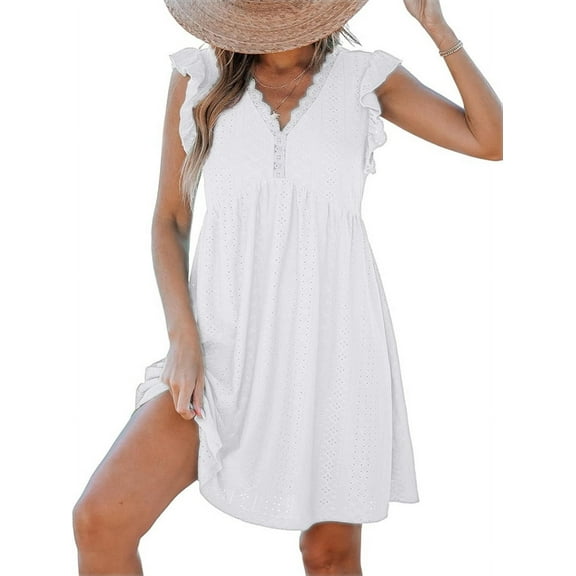 Womens Summer Dress Ruffle Sleeve V Neck Midi Dresses Fashion Casual Fit Flowy Tiered Boho Beach Vacation Sundress White XXL