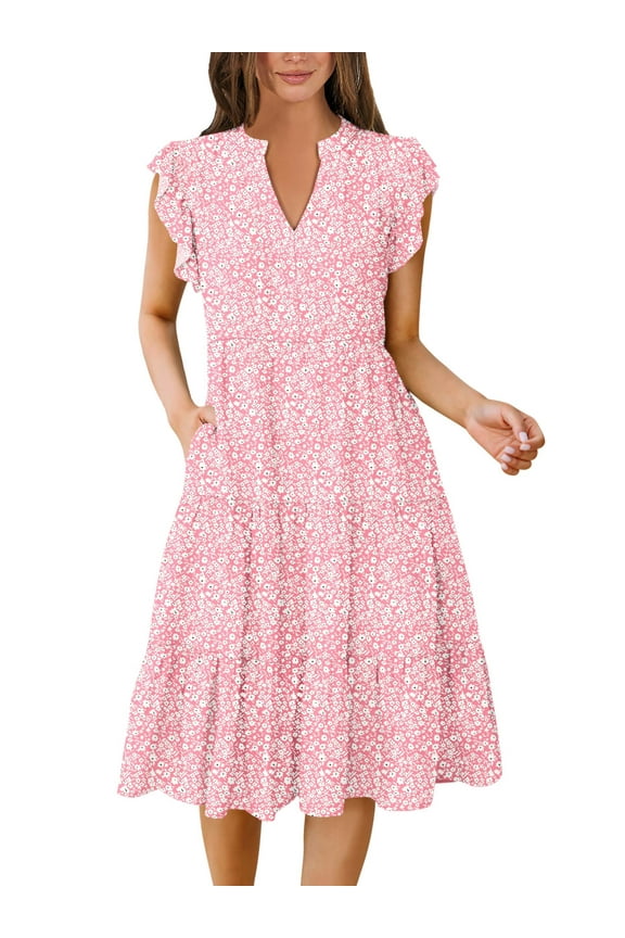 Womens Summer Dress Ruffle Sleeve V Neck Midi Dresses Fashion Casual Fit Flowy Tiered Boho Beach Vacation Sundress