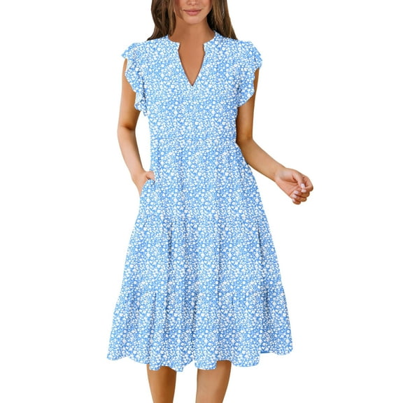 Womens Summer Dress Ruffle Sleeve V Neck Midi Dresses Fashion Casual Fit Flowy Tiered Boho Beach Vacation Sundress