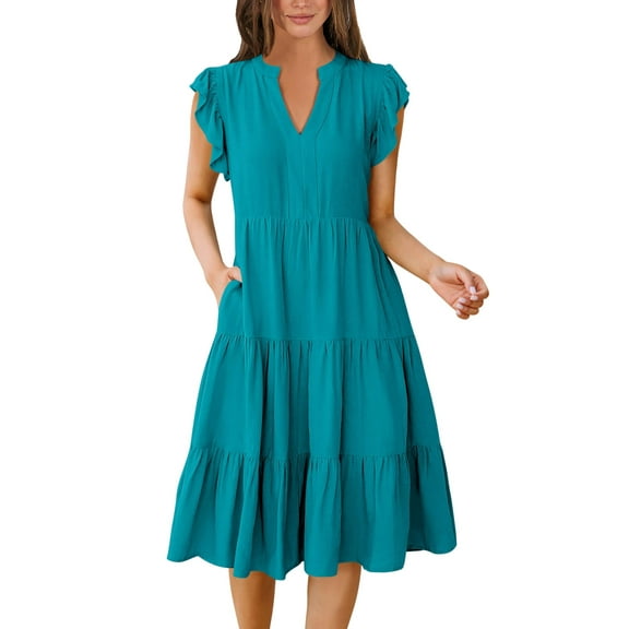 Womens Summer Dress Ruffle Sleeve V Neck Midi Dresses Fashion Casual Fit Flowy Tiered Boho Beach Vacation Sundress