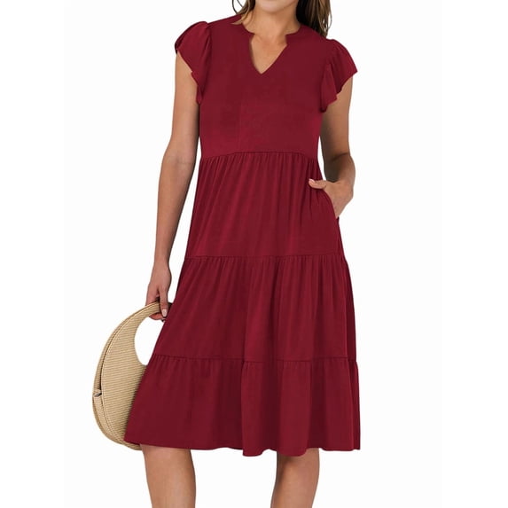 Womens Summer Dress Ruffle Sleeve V Neck Midi Dresses Tiered Boho Beach Sundress Wine Red S
