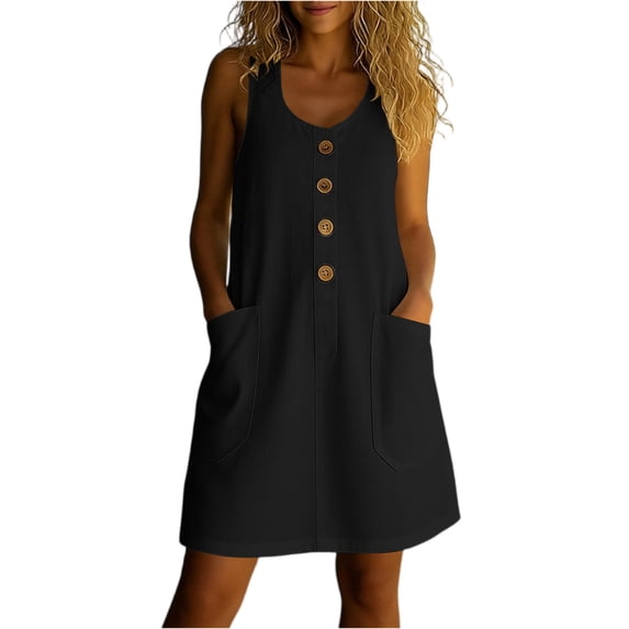 Womens Summer Dress Sleeveless Button Casual Sundresses with Pockets Loose Solid Tank Dresses, 2XL