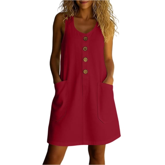 Womens Summer Dress Sleeveless Button Casual Sundresses with Pockets Loose Solid Tank Dresses, M