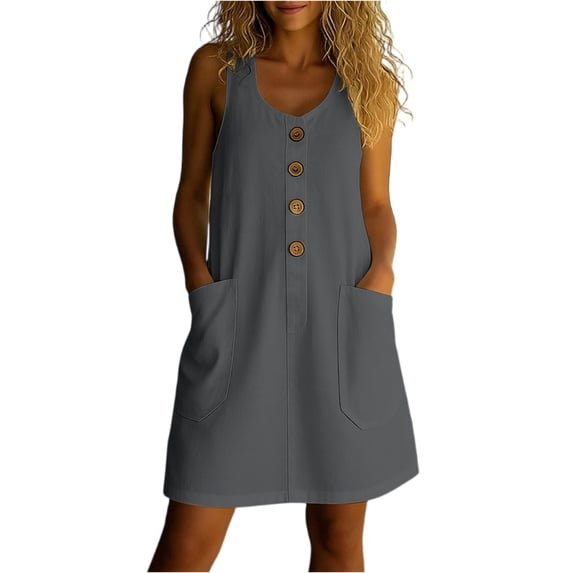 Womens Summer Dress Sleeveless Button Casual Sundresses with Pockets Loose Solid Tank Dresses, XL