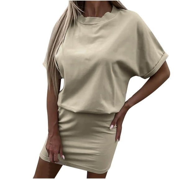 Womens Summer Dress Solid Crewneck Short Sleeve Comfy Sports Dress Elastic Waist Loose Mini Short Dress for Casual Work
