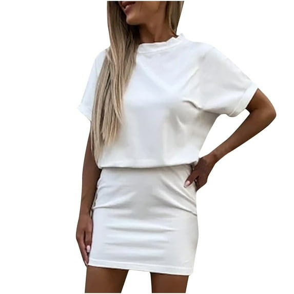 Womens Summer Dress Solid Crewneck Short Sleeve Comfy Sports Dress Elastic Waist Loose Mini Short Dress for Casual Work