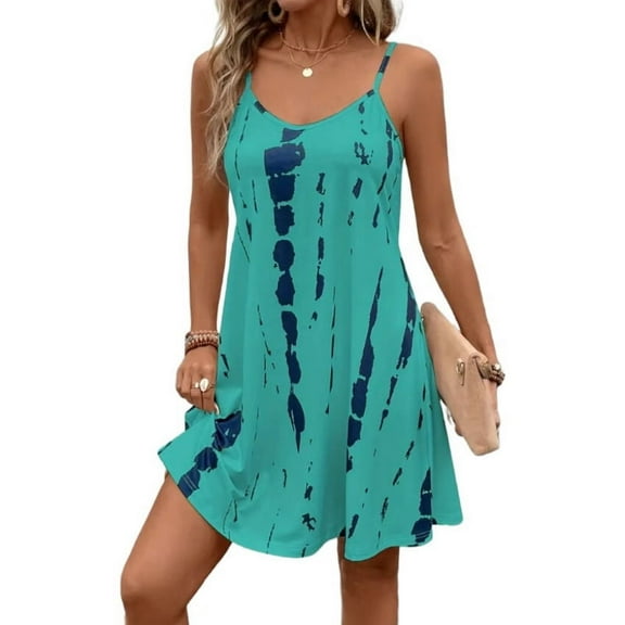 Womens Summer Dress Spaghetti Strap Casual Printed Dress Boho Floral Beach Sundress Green M