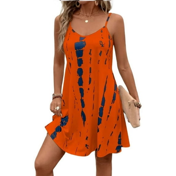 Womens Summer Dress Spaghetti Strap Casual Printed Dress Boho Floral Beach Sundress Orange & Red XXL