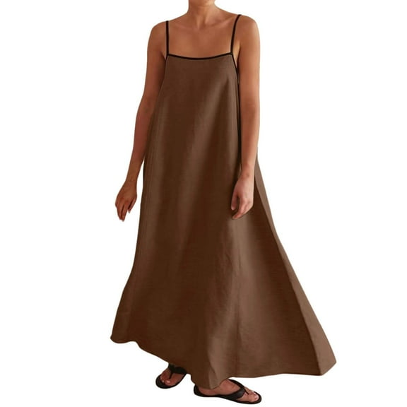 Womens Summer Dress Spaghetti Straps Sleeveless Solid Color Elegant Comfortable Dresses For Holiday Vacation Beach,Coffee,Xxl