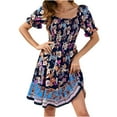 thumbnail image 1 of Womens Summer Dress- Square Neck Puff Sleeve Boho Floral Smocked Ruffle Hem A-line Mini Short Dresses, 1 of 6
