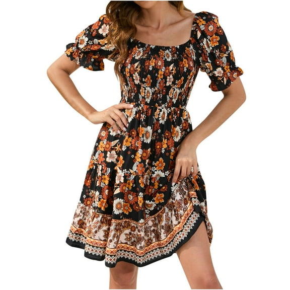 Womens Summer Dress- Square Neck Puff Sleeve Boho Floral Smocked Ruffle Hem A-line Mini Short Dresses