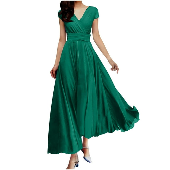 Wo-Fusoul Short Sleeve Dress Women's Summer Solid Color Short Sleeve V-Neck Evening Gown with Slim Waist