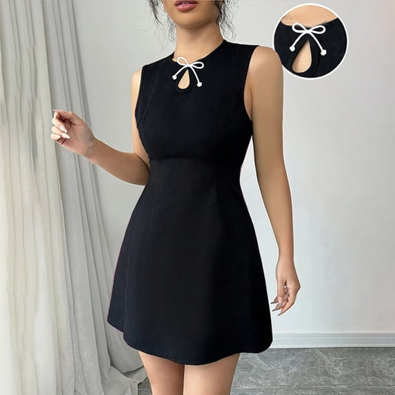 Womens Summer Dress Women's Fashion Sleeveless Slim Round Neck Bow Dress Sleeveless Round Neck Dress Black XL