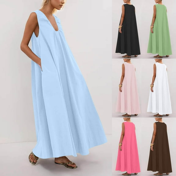 Womens Summer Dress with Pockets Plus Size Sleeveless Crew Neck Sundresses Summer A-Line Vacation Maxi Dresses for Women Beach Fashion Pink M