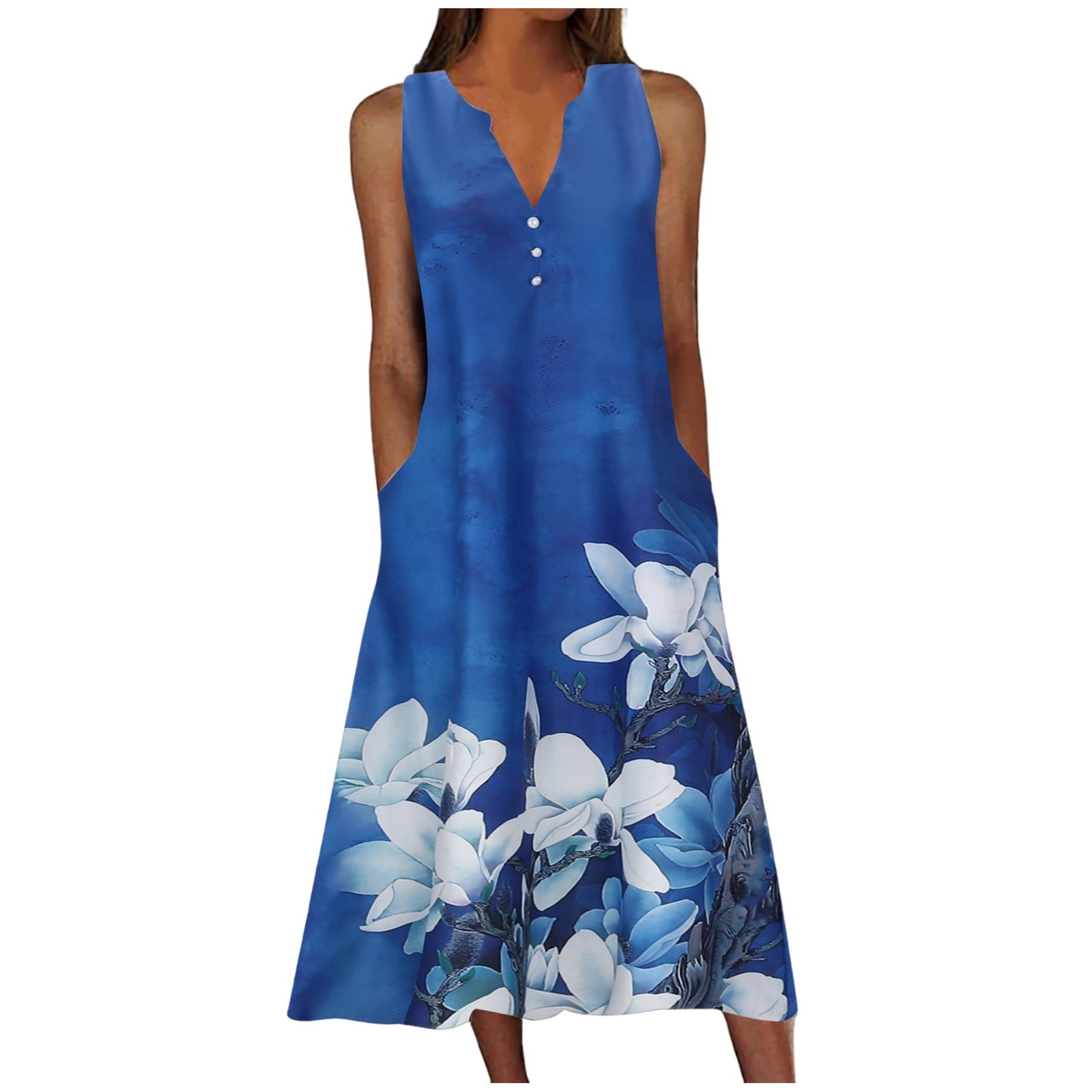 Women's Summer Casual A Line Dress with Pockets 2024 Sleeveless V Neck