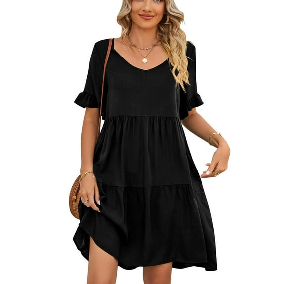 Womens Summer Dresses 2024 Swing V Neck Short Sleeve Midi Dress with Packet Fashion Casual Fit Elegant Vacation Sundress (Black,Small)