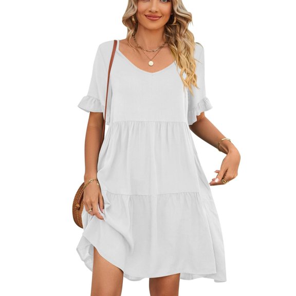Womens Summer Dresses 2024 Swing V Neck Short Sleeve Midi Dress with Packet Fashion Casual Fit Elegant Vacation Sundress (White,Large)