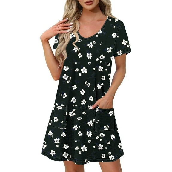 Womens Summer Dresses 2025 Beach Casual Loose Tshirt Floral Short Sleeve Flowy Pockets Sundresses Fashion Outfits