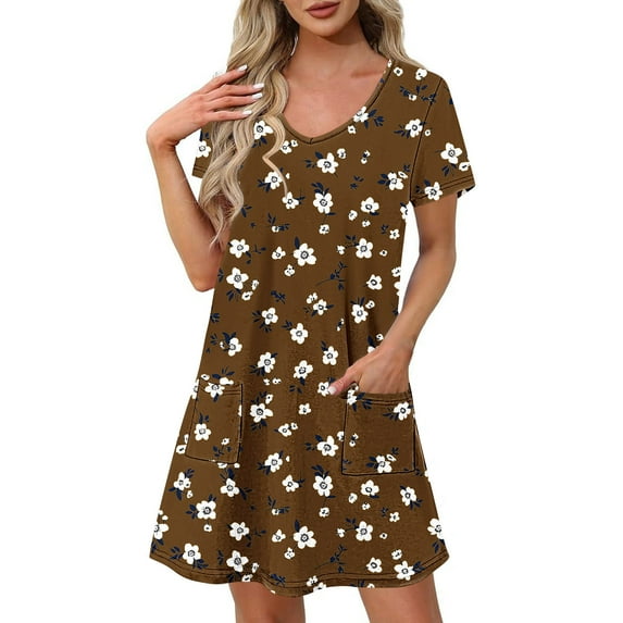 Womens Summer Dresses 2025 Beach Casual Loose Tshirt Floral Short Sleeve Flowy Pockets Sundresses Fashion Outfits