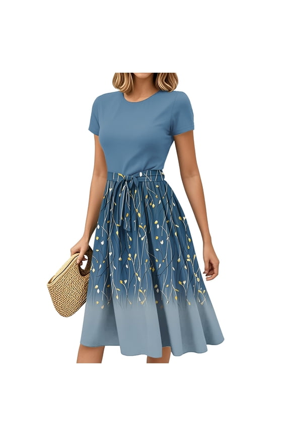 Womens Summer Dresses, 2025 Belted Short Sleeve Floral Sundress For Beach, Wedding Guest, Party-Lightweight Boho Elegant Fall Dress Women'S Holiday Suit Dress Costume Dress (S, Blue) ZMTing