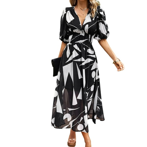 Womens Summer Dresses 2025 Casual Puff Short Sleeve V Neck Floral Boho Maxi Dress Black L