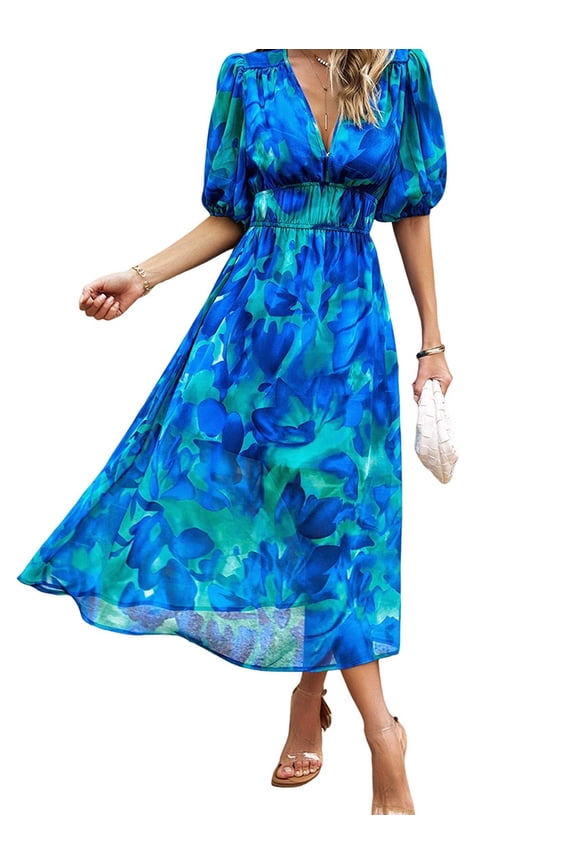 Womens Summer Dresses 2025 Casual Puff Short Sleeve V Neck Floral Boho Maxi Dress Blue L
