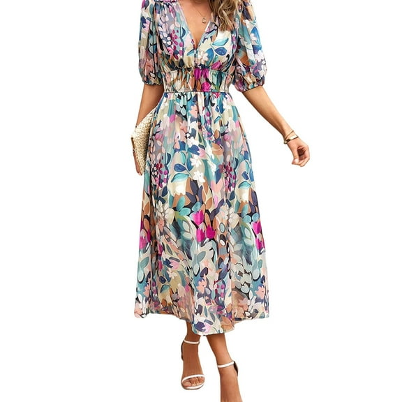 Womens Summer Dresses 2025 Casual Puff Short Sleeve V Neck Floral Boho Maxi Dress Green S