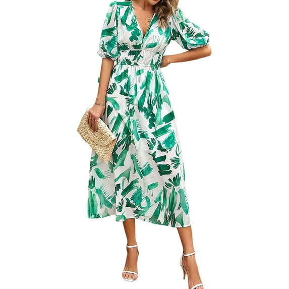 Womens Summer Dresses 2025 Casual Puff Short Sleeve V Neck Floral Boho Maxi Dress Light Green S