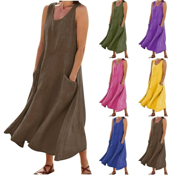 Womens Summer Dresses 2025 Coffee Sleeveless Cotton and Linen Solid Color T Shirt Dress Beach Sundresses with Pockets
