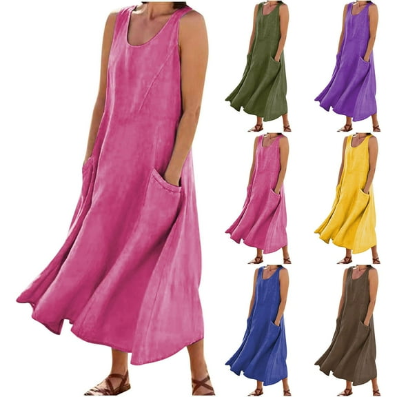 Womens Summer Dresses 2025 Hot Pink Cotton and Linen Sleeveless Solid Color T Shirt Dress Beach Sundresses with Pockets