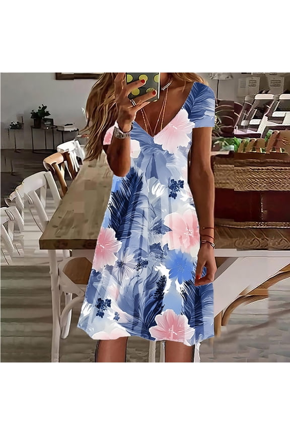 Womens Summer Dresses 2025 Petal Short Sleeve V Neck Loose Swing With Pockets Plain/Print Maxi Dress Short Sleeve Dress Summer Long Sleeve Maxi Dresses Petite Summer Dresses for Women Petite Length