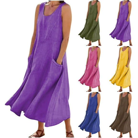Womens Summer Dresses 2025 Purple Cotton and Linen Sleeveless Solid Color T Shirt Dress Beach Sundresses with Pockets