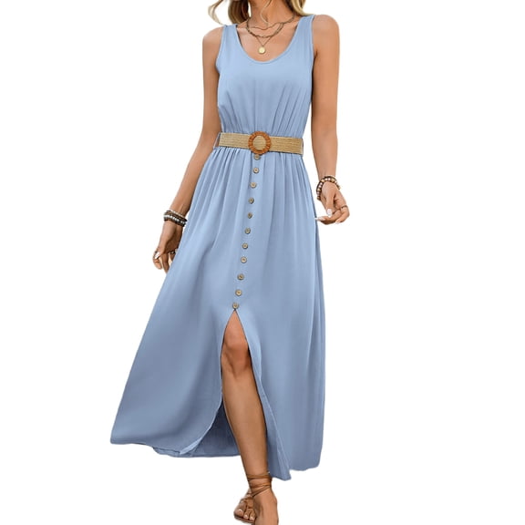 Womens Summer Dresses 2025 Sleeveless Button Down Waist Casual A-Line Swing Midi Dress Sundress Light Blue M