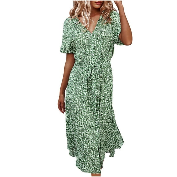 Womens Summer Dresses 2025 Women's Summer Bohemian Print Short Sleeve Button Bandage Knee Length Dress Green Xl