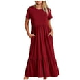 thumbnail image 1 of Womens Summer Dresses 2025 Women's Summer Casual Short Sleeve Crewneck Dress Casual Flowy Tiered Maxi Beach Dress with Pockets Wine Xxl, 1 of 8