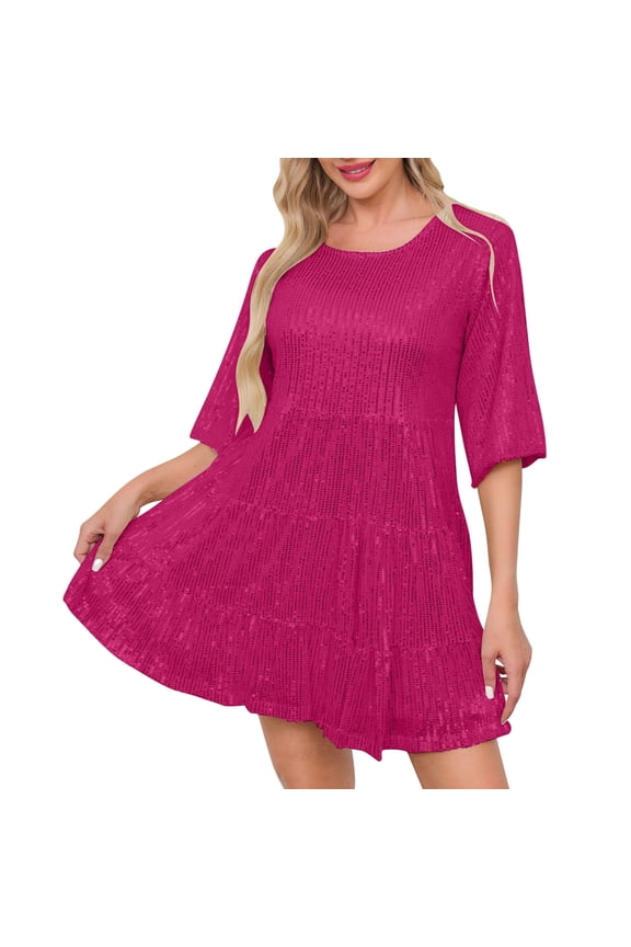 Womens Summer Dresses 2025 Womens Solid Color Loose Waist Short Sleeved Skirt Dress Party Sequin Dress Hot Pink Xxl
