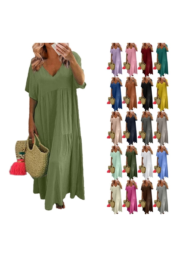 Womens Summer Dresses 2026 Cotton Linen Plus Size Short Sleeve V Neck Boho Maxi Dress Loose Casual Beach Long Sundresses Orange 4XL