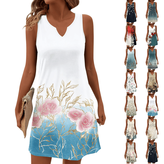 Womens Summer Dresses 2026 Loose V Neck Sleeveless Sundresses Swimsuit Coverup with Pockets Floral White XL