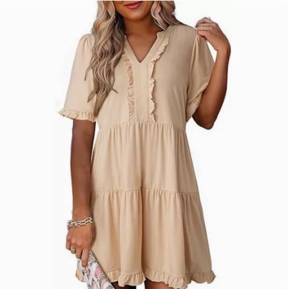 Womens Summer Dresses 2026 V Neck A Line Short Sleeve Casual Ruffle Babydoll Mini Dress