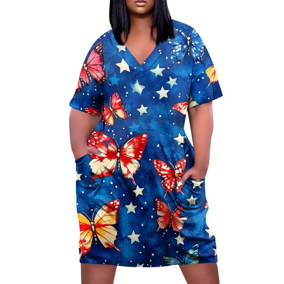 Womens Summer Dresses, 4Th Of July Plus Size Dresses V Neck Short Sleeve Knee Length Casual Sundress With Pocket Loose Fit Maxi Dress Baptism For Baby Girls Dresses (3XL, Blue) ZMTing