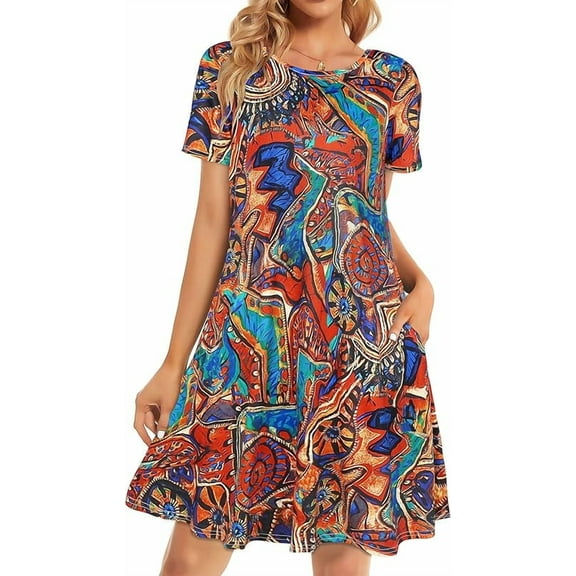 Womens Summer Dresses Beach Casual Loose Tshirt Floral Short Sleeve Flowy Pockets Sundresses Size 2XL