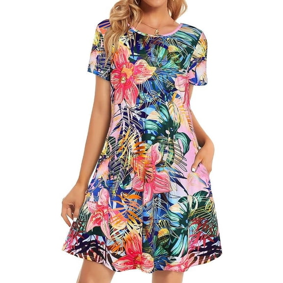 Womens Summer Dresses Beach Casual Loose Tshirt Floral Short Sleeve Flowy Pockets Sundresses Size L