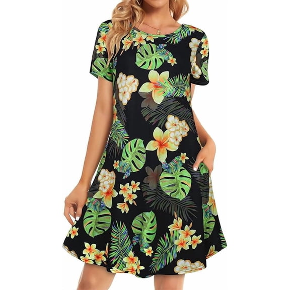 Womens Summer Dresses Beach Casual Loose Tshirt Floral Short Sleeve Flowy Pockets Sundresses Size L