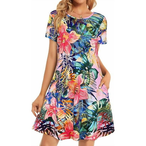 Womens Summer Dresses Beach Casual Loose Tshirt Floral Short Sleeve Flowy Pockets Sundresses Size M