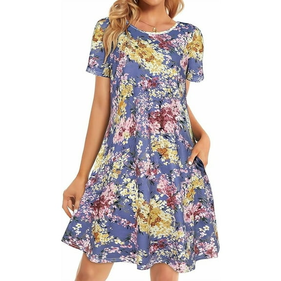 Womens Summer Dresses Beach Casual Loose Tshirt Floral Short Sleeve Flowy Pockets Sundresses Size S