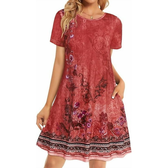 Womens Summer Dresses Beach Casual Loose Tshirt Floral Short Sleeve Flowy Pockets Sundresses Size S