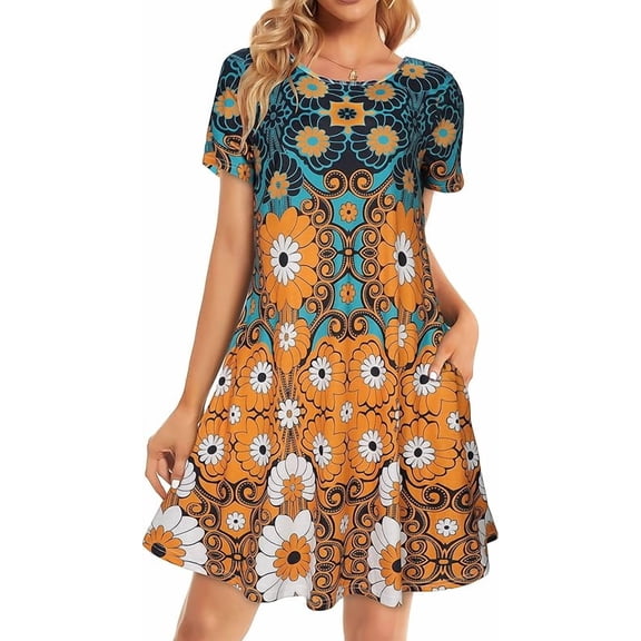 Womens Summer Dresses Beach Casual Loose Tshirt Floral Short Sleeve Flowy Pockets Sundresses Size S