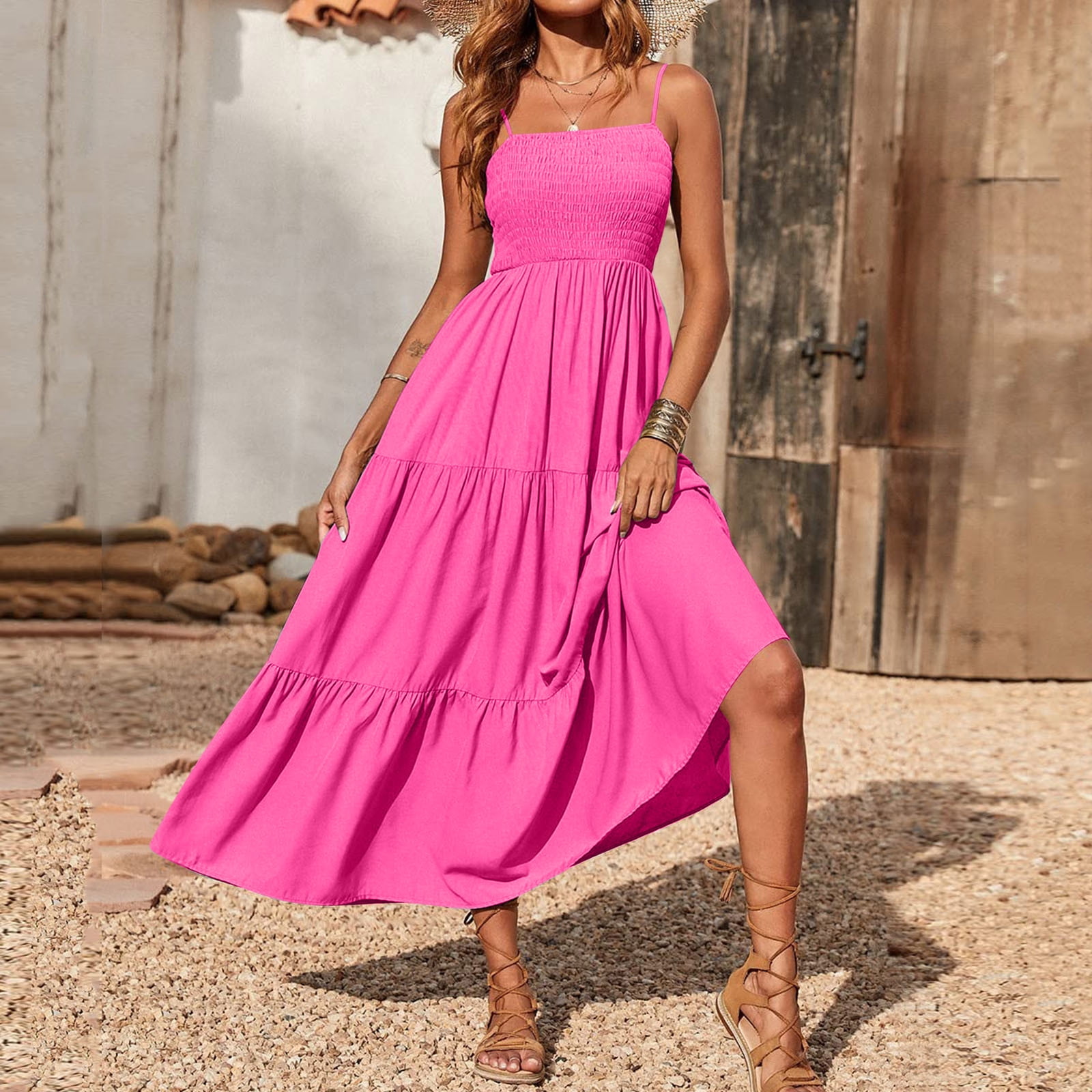 formal dresses long beach SAATLERI Summer for Women Smocked Tiered Maxi Dress Spaghetti Strap Square Neck Flowy A-Line Vacation Sundress, Women's, Size global-supplier-Arnav Embroideries Pvt Ltd