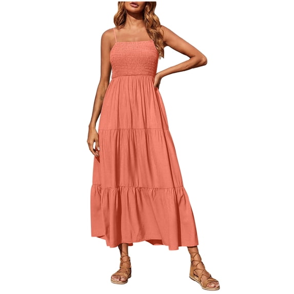 Womens Summer Dresses Bohemian Spaghetti Strap Smocked Tiered Long Beach Sun Dresses Sleeveless Solid Maxi Dress Tank Dresses for Women